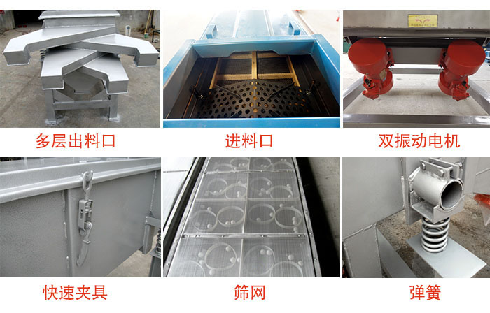 多層直線振動(dòng)篩出料口，篩網(wǎng)，彈簧，快速夾具，振動(dòng)電機(jī)等