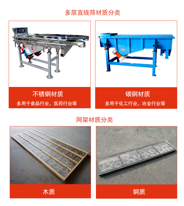 多層直線振動(dòng)篩材質(zhì)有：不銹鋼，碳鋼；網(wǎng)架材質(zhì)有木質(zhì)，鋼質(zhì)等。